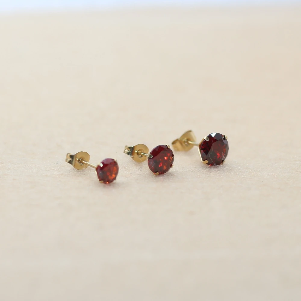 6 7 8mm Round Promegranate Red AAA Zircons Stainless Stell Stud Earrings Golden IP Plating No Fade Allergy Free