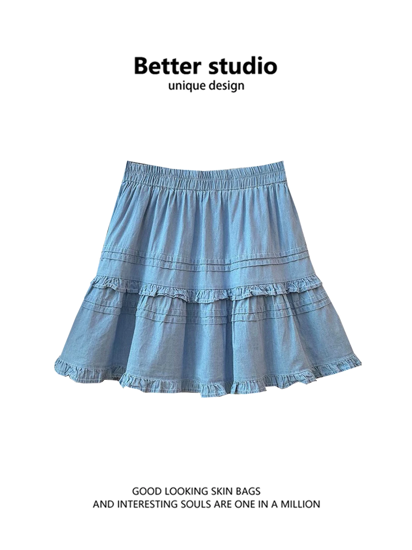 スイートバレエスタイルデニムミニスカート-レディース-春2026新作-ハイウエストaラインハーフスカート-フリル裾パフケーキスカート