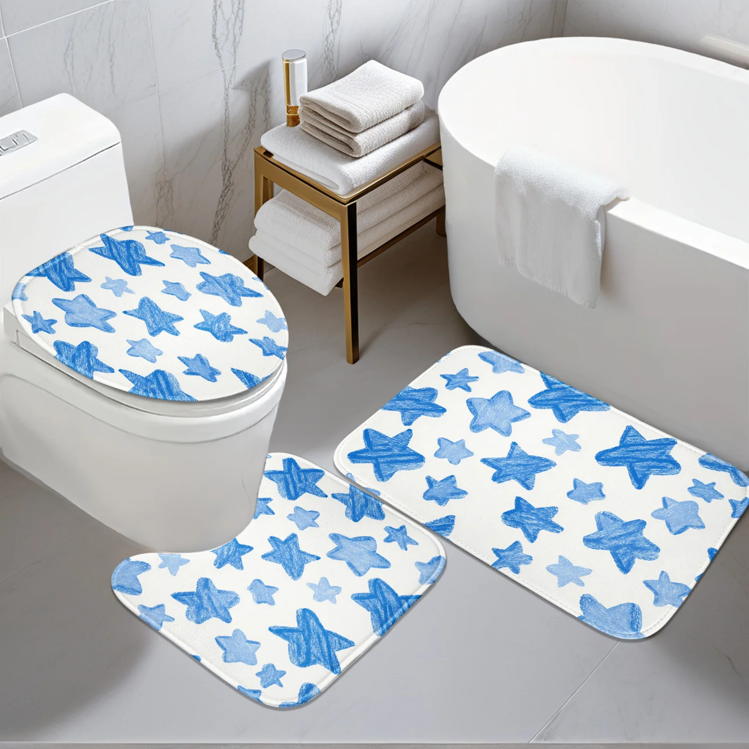 

Bathroom Anti-Slip Mat Set - 3pcs Kit with Blue & White Star 2D Flat Design, Digital Print - Includes One Non-Slip Mat, U-Shaped