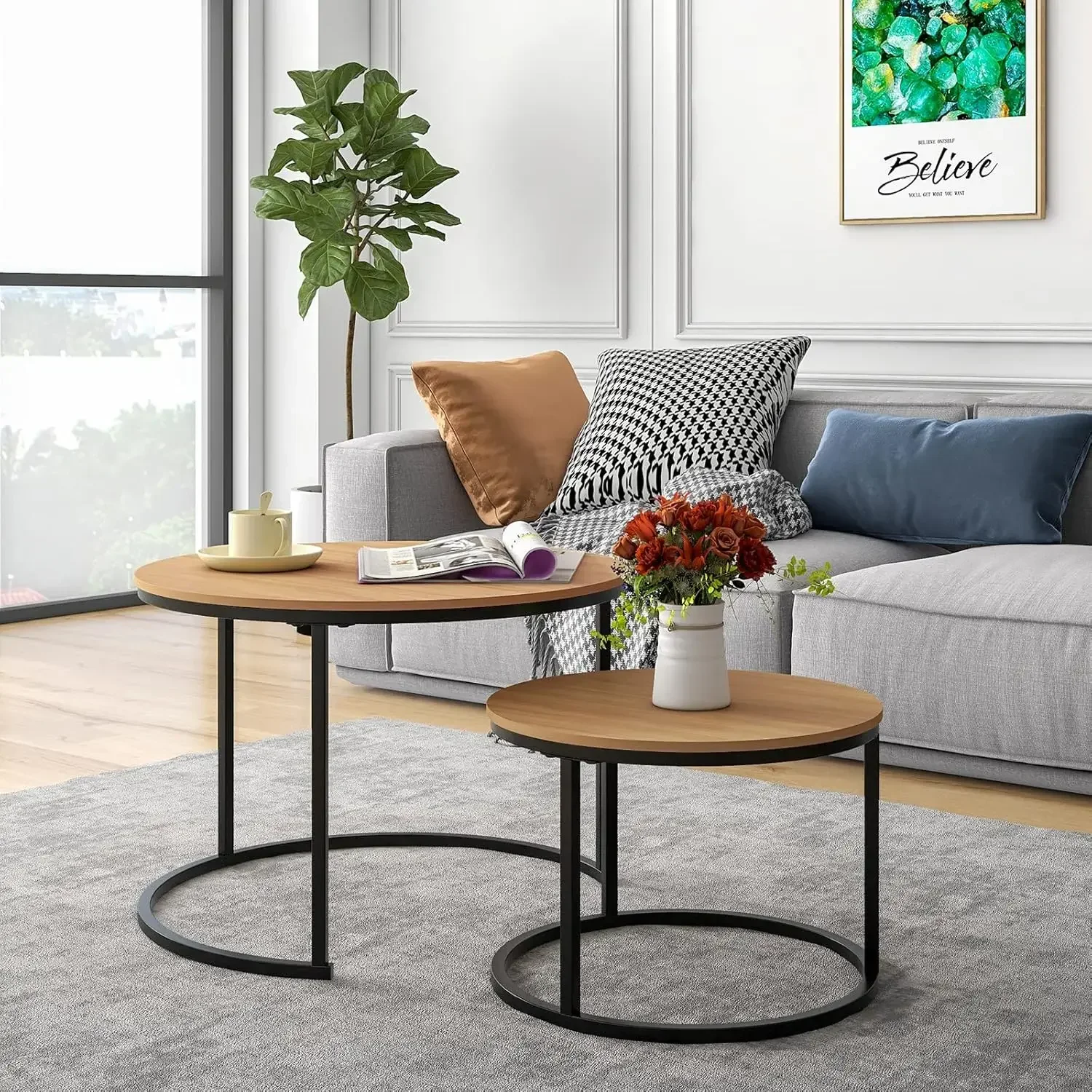 Industrial Round Coffee Table Set of 2 End Table for Living Room,Wood Look Accent Furniture with Metal Frame,Black+Rustic Brown