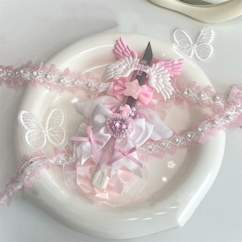 1 قطعة سكين لطيف الحلو الوردي سكّين متعدّد الاستخدامات أجنحة القوس القلب صندوق القاطع ورقة طالب المحمولة الإبداعية الة قطع الورق الهدايا #5