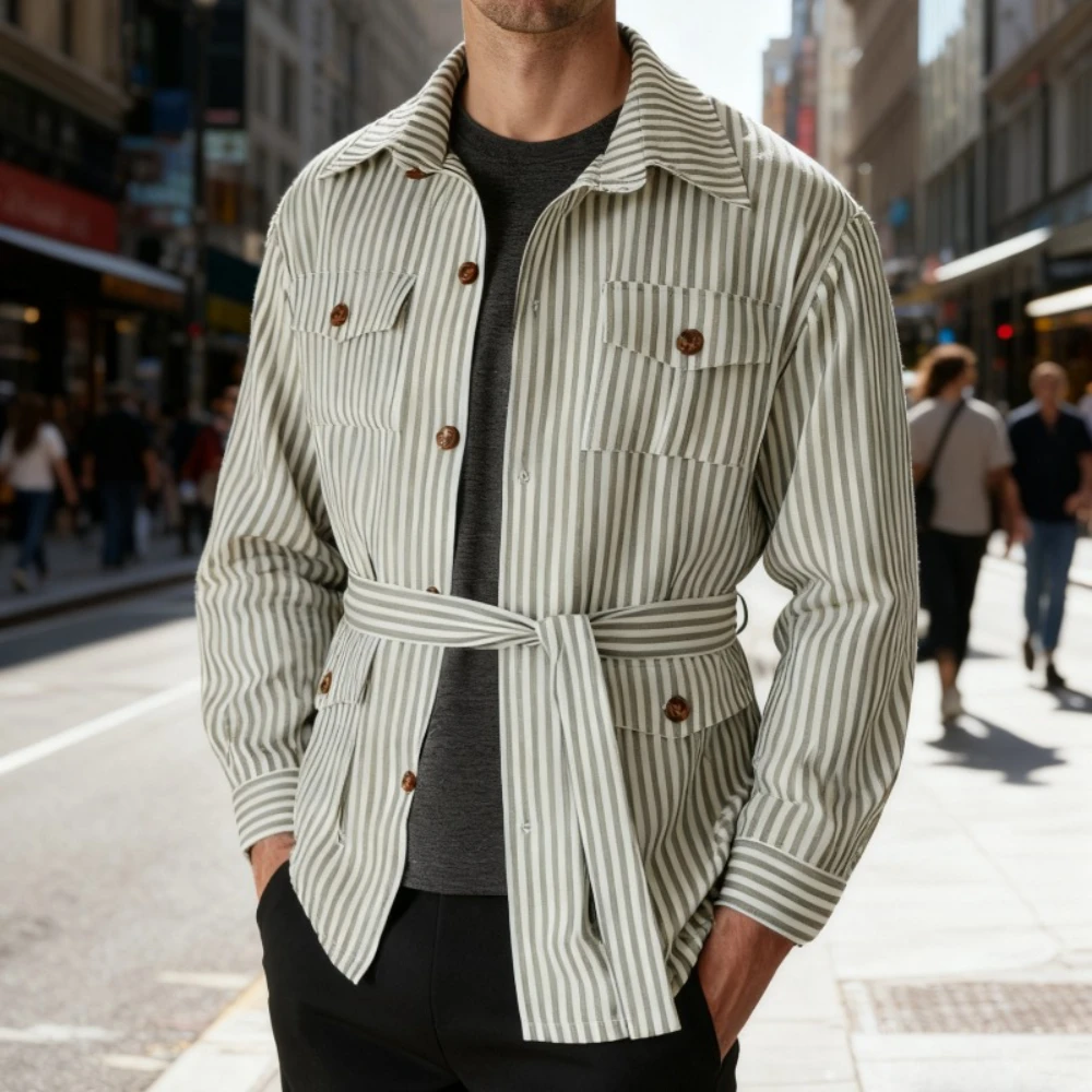 

Autumn Men's 100% Cotton Striped Shirt Jacket with Pockets Waist Tie Vintage Casual Red Blue GRAY S-5XL 2025 New