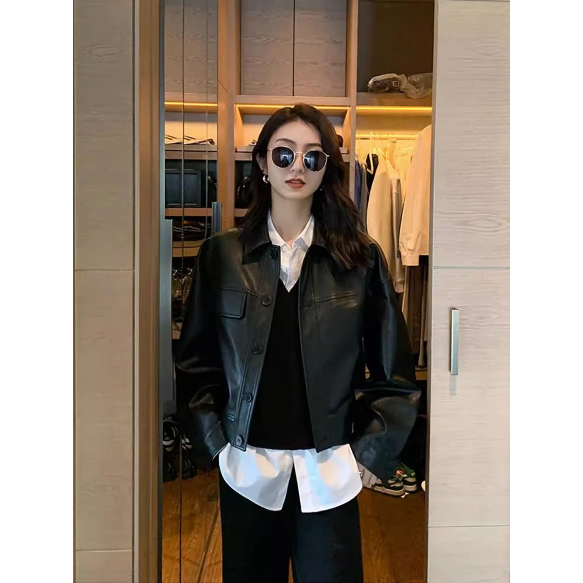 Women's Biker Style Loose Long Sleeve Leather Jacket Spring Autumn Korean Version Short Size Small High End Feeling Coat 4