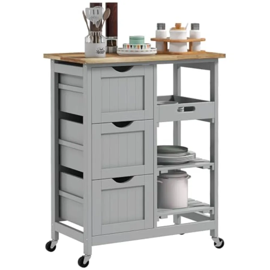 

Rolling Kitchen Island Cart for home dining area, gray wood-top bar serving cart with shelves and drawers, compact trolley on w