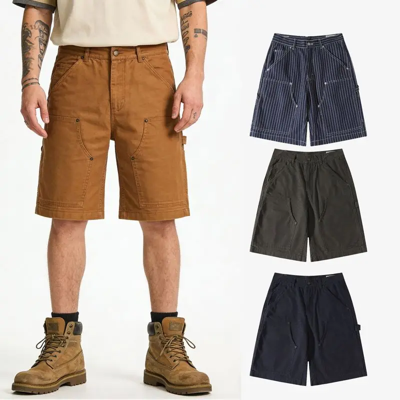 W2EJOURNEY Luxury Quality EU US Size Work Shorts Outdoor Autumn Oversize Cotton Canvas Striped Work Shorts For Men