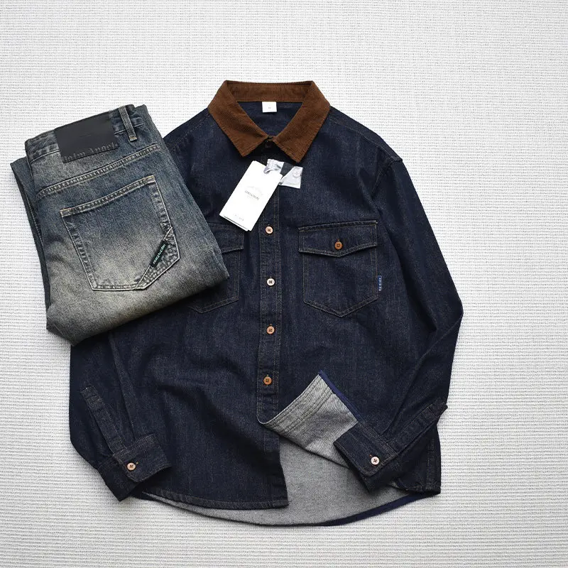

Four-Season Classic American Retro Casual Double-Pocket Denim Long-Sleeve Shirt Indigo Dark Denim Collar Patchwork Long Sleeves