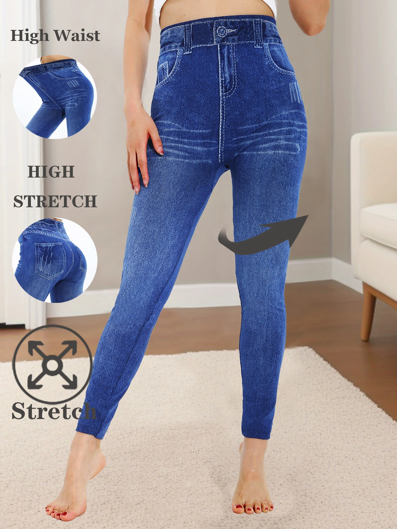 

CUHAKCI Spring Summer Simple Denim like Women's leggings Light Blue Fashion Sports Exercise Yoga Pants