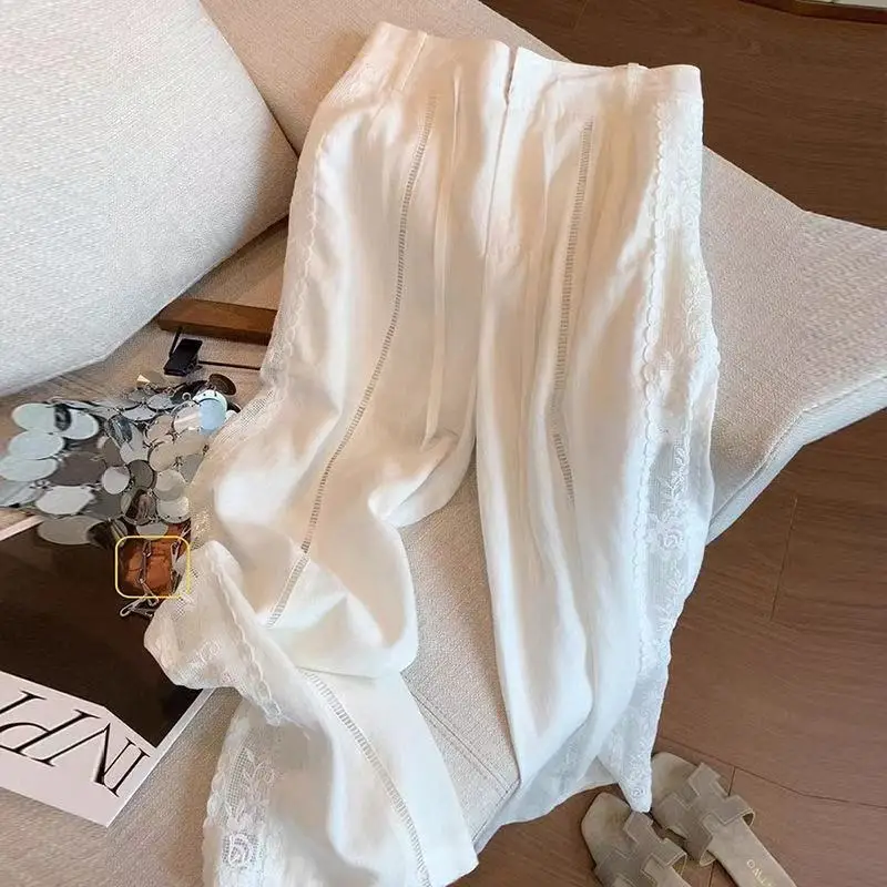 

White Hollow Out Lace Patchwork Linen Wide Legs Pants Women Summer Loose Literary Straight Trousers Breathable