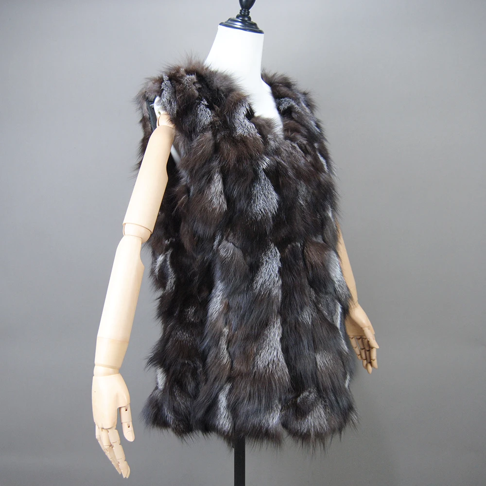 New Women Autumn Winter Long Style 100% Genuine Real Sliver Fox Fur Vest Natural Fox Fur Sleeveless Coat Lady Real Fox Fur Gilet