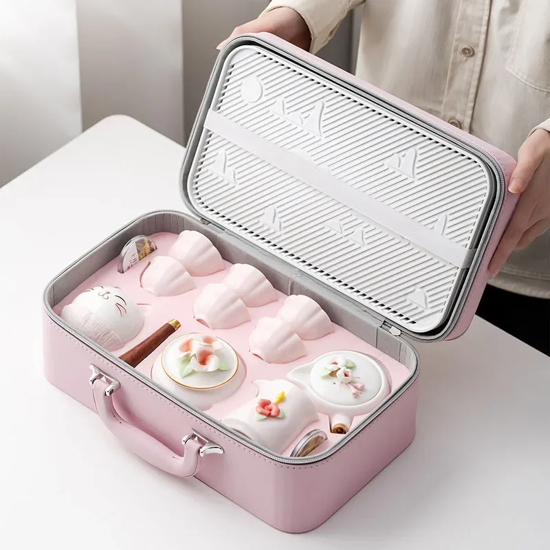 Suet-fat Jade Hand-kneaded Flower Travel Tea Set Portable Outdoor Kung Fu Teacup Teapot Best Friend Souvenir Cute Pink Gift Set