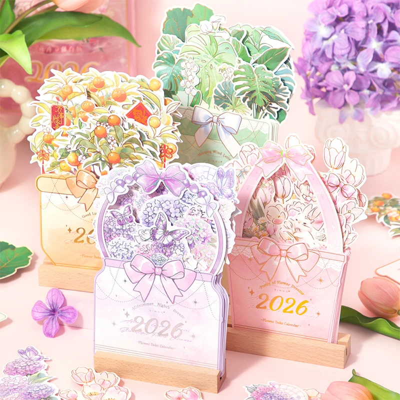 2026 3D Wooden Flower Calendar with Tabletop Schedule and Note Pad for Home and Office