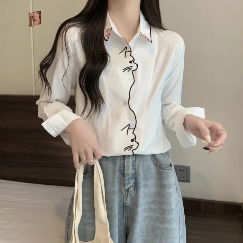 Autumn Office Lady Long Sleeve Embroidery Blouse Elegant Clothes Casual Cat Pattern White Shirt Sweet Women Tops Blusas 7902 50