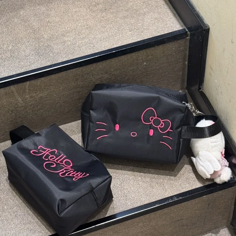 Kawaii Cat Embroidered Makeup Pouch Exquisite Pink and Black Double-Side Square Bag for Women Large Capacity Cosmetic Organizer