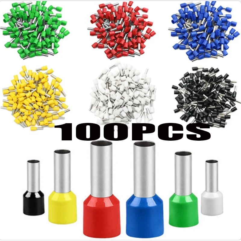 100pcs/Pack E0508 E7508 E1008 E1508 E2508 Insulated Ferrules Terminal Block Cord End Wire Connector Electrical Crimp Terminator