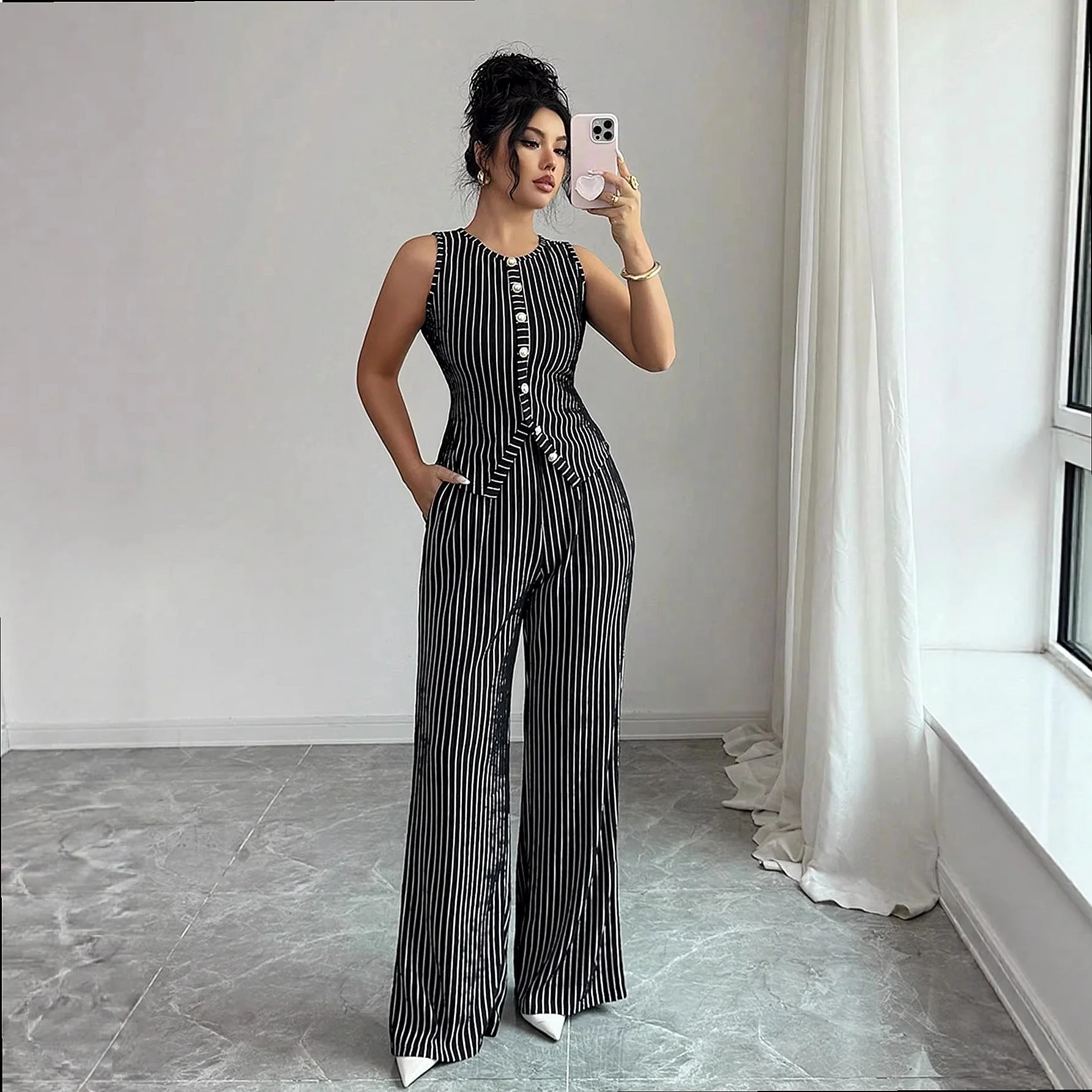 Retro Striped Vest Wide Leg Pants Matching Set Women's Jumpsuit Playsuit Spring Summer Casual Two Piece Set