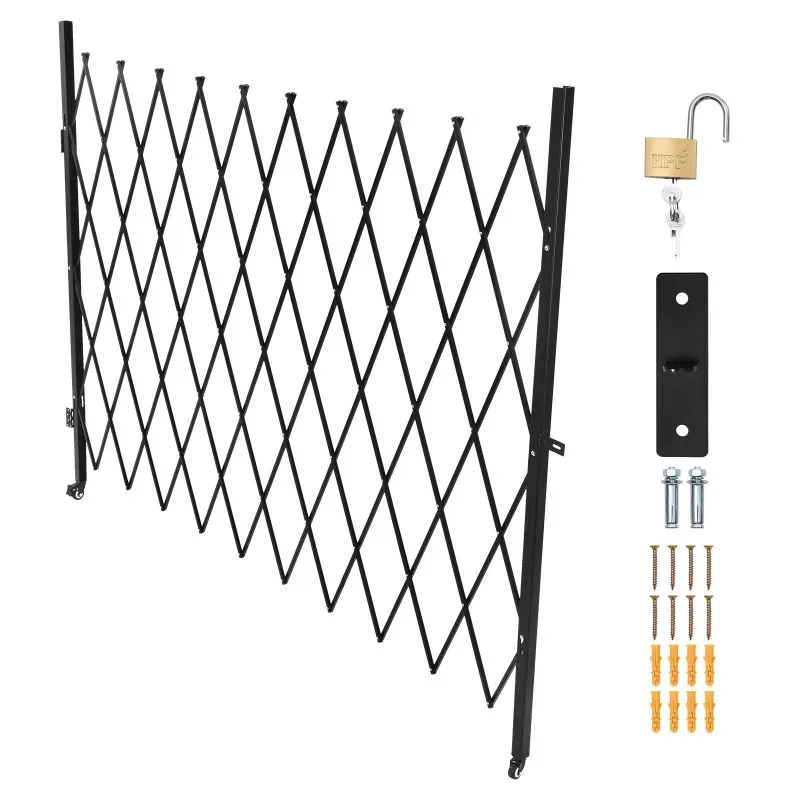 

Single Folding Security Gate Lockable Scissor Gate with 360° Swivel Casters Outdoor Barricade Steel Retractable Gates for Entry