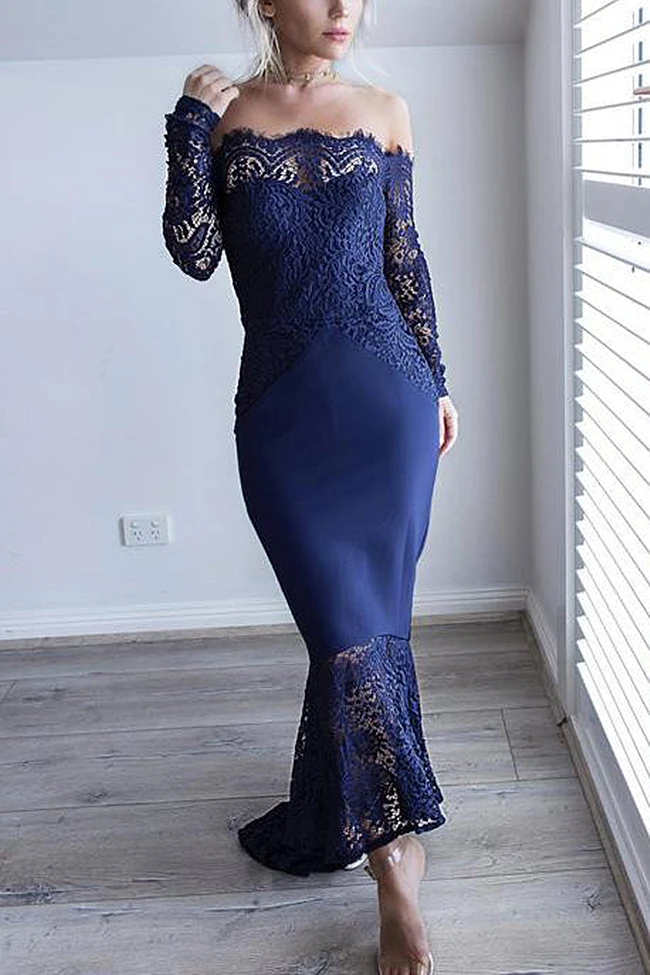 High Low LaceMermaid Prom Dresses Boat Neck Long Sleeve Special Occasion Gowns Dark Navy Evening Dress Customized