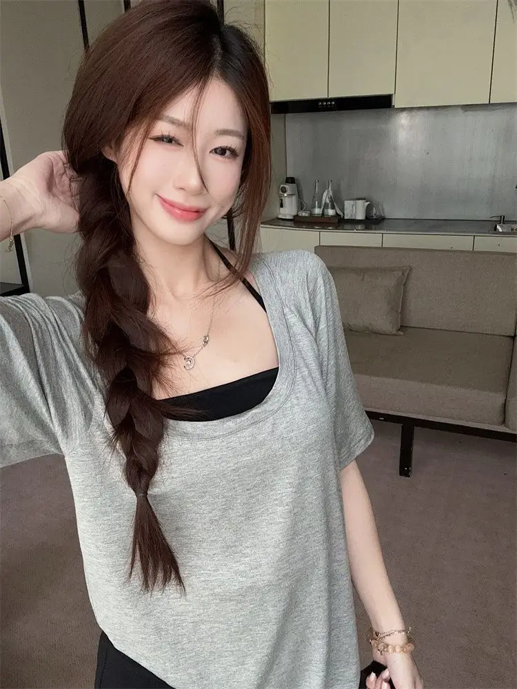 Fashionable Korean Style Pure Color Crop Top And High Waist Pants Two Piece Set for Women Summer New Arrival Spicy Girl Outfit