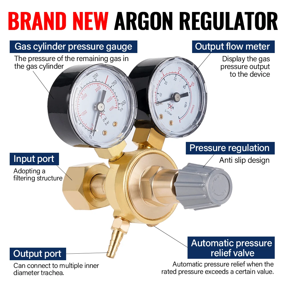 Pressure Regulator Reducer Argon CO2 Welding Twin Gauge Gas Bottle  MIG TIG Welding Flow Meter Control Valve W21.8 1/4 Thread