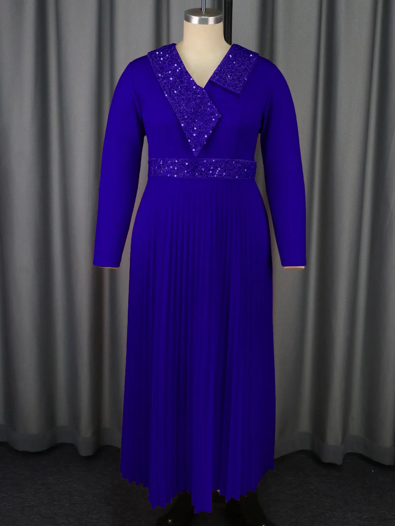 

Elegant Women Long Dresses V Neck Sequins Patchwork Long Sleeve A Line Pleated Evening Cocktail Event Outfits for Ladies 3XL