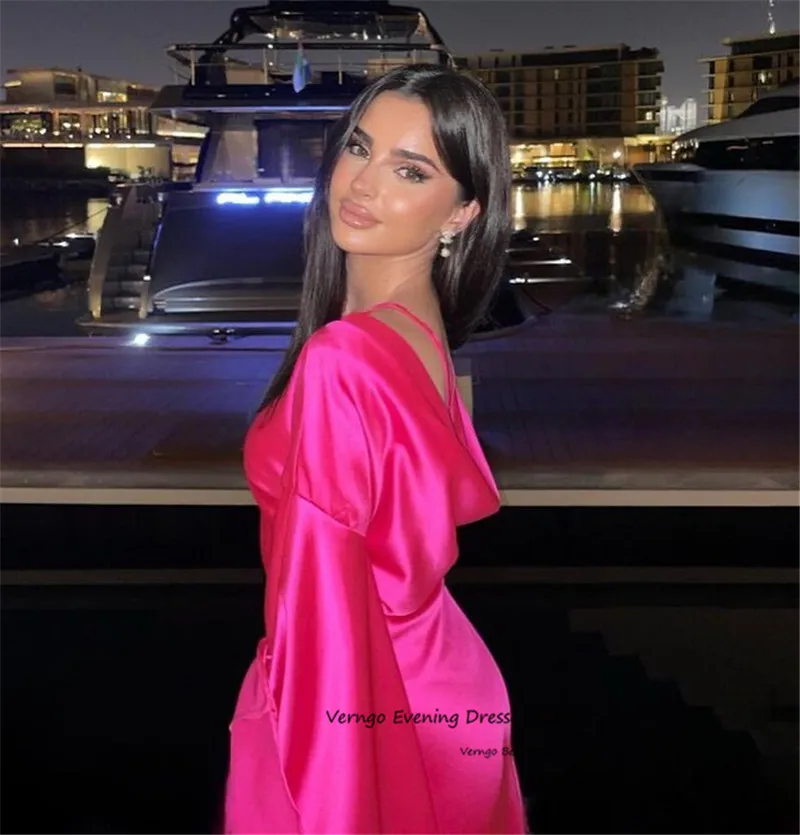 Verngo Simple Fuschia Silk Satin Evening Party Dresses Saudi Arabic Lady Long SleeveNight Occasion Gowns Formal Prom Gowns Dubai