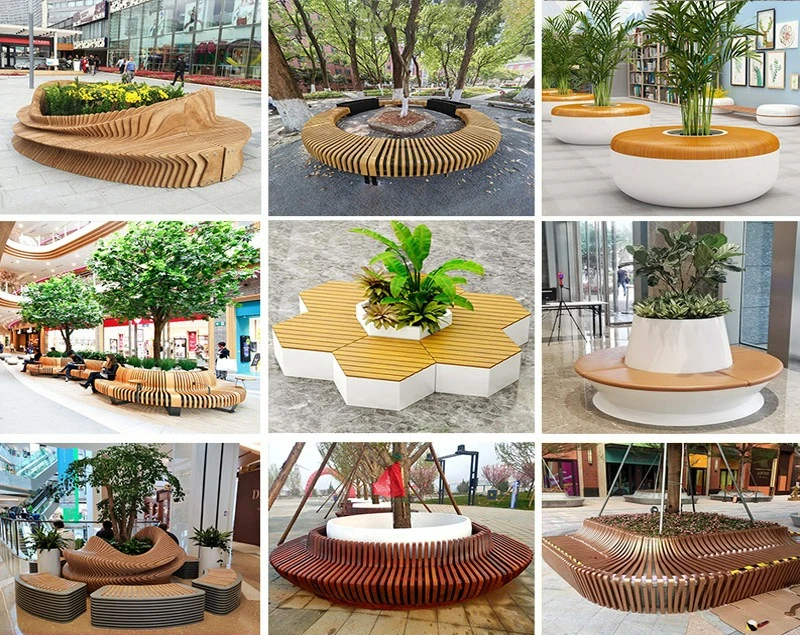 Stainless Steel Seat Landscape Outdoor Special-shaped Seat Metal Wrought Iron Wood Rest Chair Curved Slice Square Stool