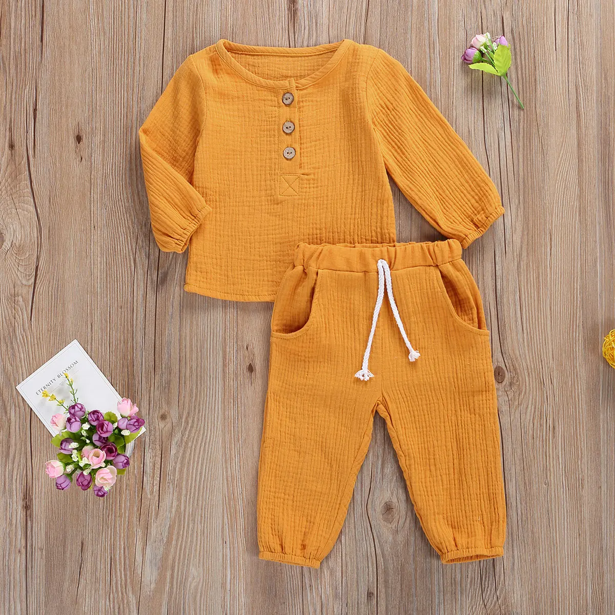 Toddler Baby Girls Boys Autumn Casual Clothes Sets Outfit Cotton Linen Long Sleeve Tops+Pants Outfit 2Pcs Set