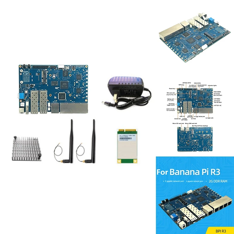 

For Banana PI BPI-R3 MT7986 2G+8G EMMC 2X SFP Router Development Board With 4G Module+Heat Sink+2Xantennas+Power