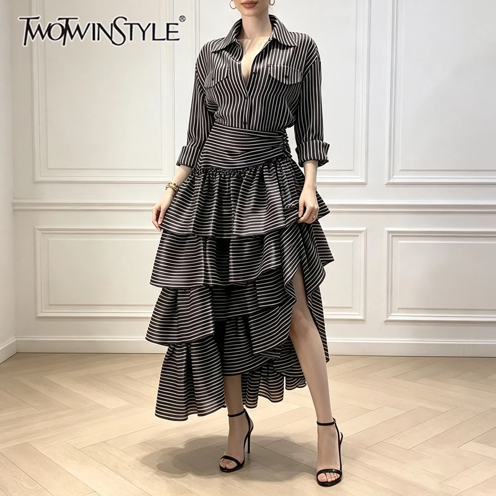 TWOTWINSTYLE Eleagnt Spliced Stripe Two Piece Sets for Women Lapel Collar Long Sleeve Top High Waist Irregular Skirt Sets Female