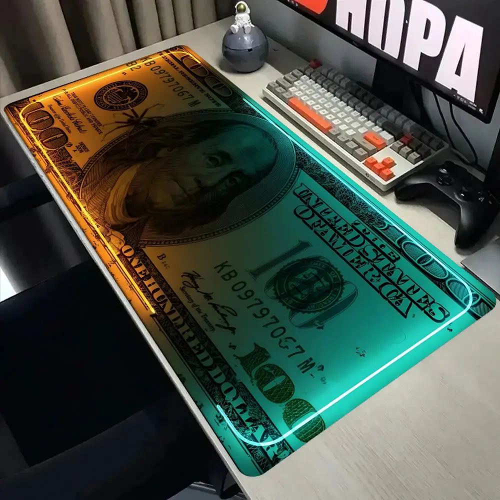 Neon Glow 100 Dollar Bill Large Gaming MousePad Non-Slip Rich Money Cash Aesthetic Desk Mat Hip Hop Luxury Extended XXL Mousepad