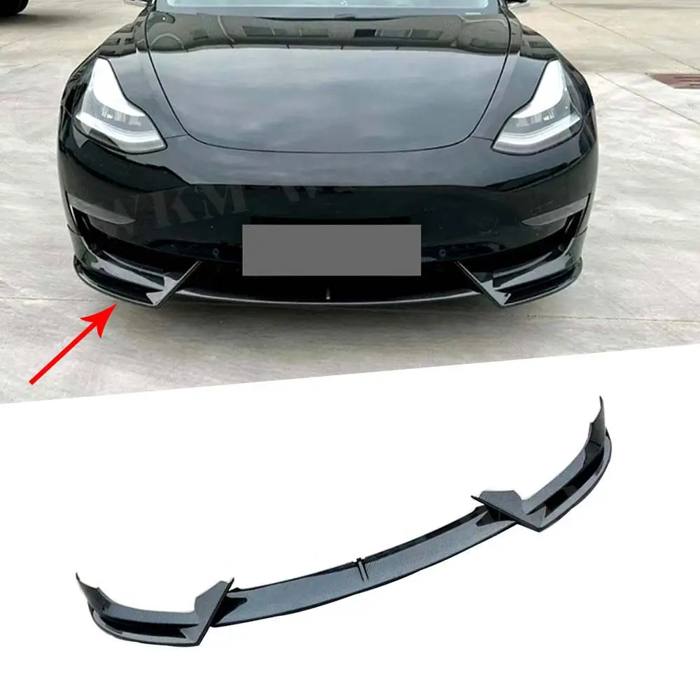 

3Pcs/Set ABS Carbon Look Front Bumper Lip Spoiler Trim for Tesla Model 3 2017 + Gloss Black Car Head Bumper Chin Guard