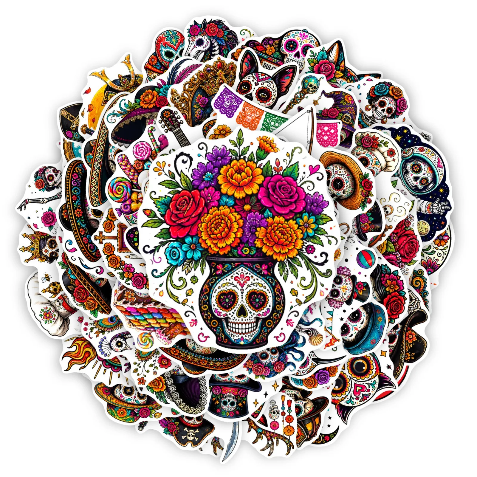 50 Pcs Creative Colorful Skull Theme Stickers Waterproof Durable Vinyl Decals for Laptop Phone Case Journal Gift