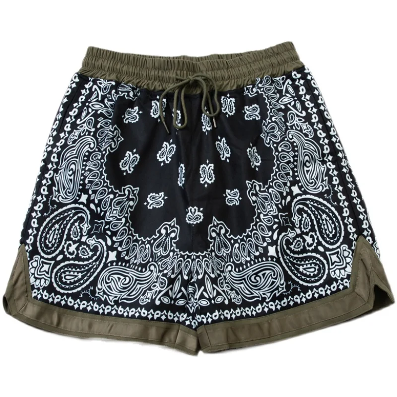 Summer Japanese Retro Full Print Cashew Flower Patchwork Sports Casual Shorts with Mesh Lining Beach Pants for Men