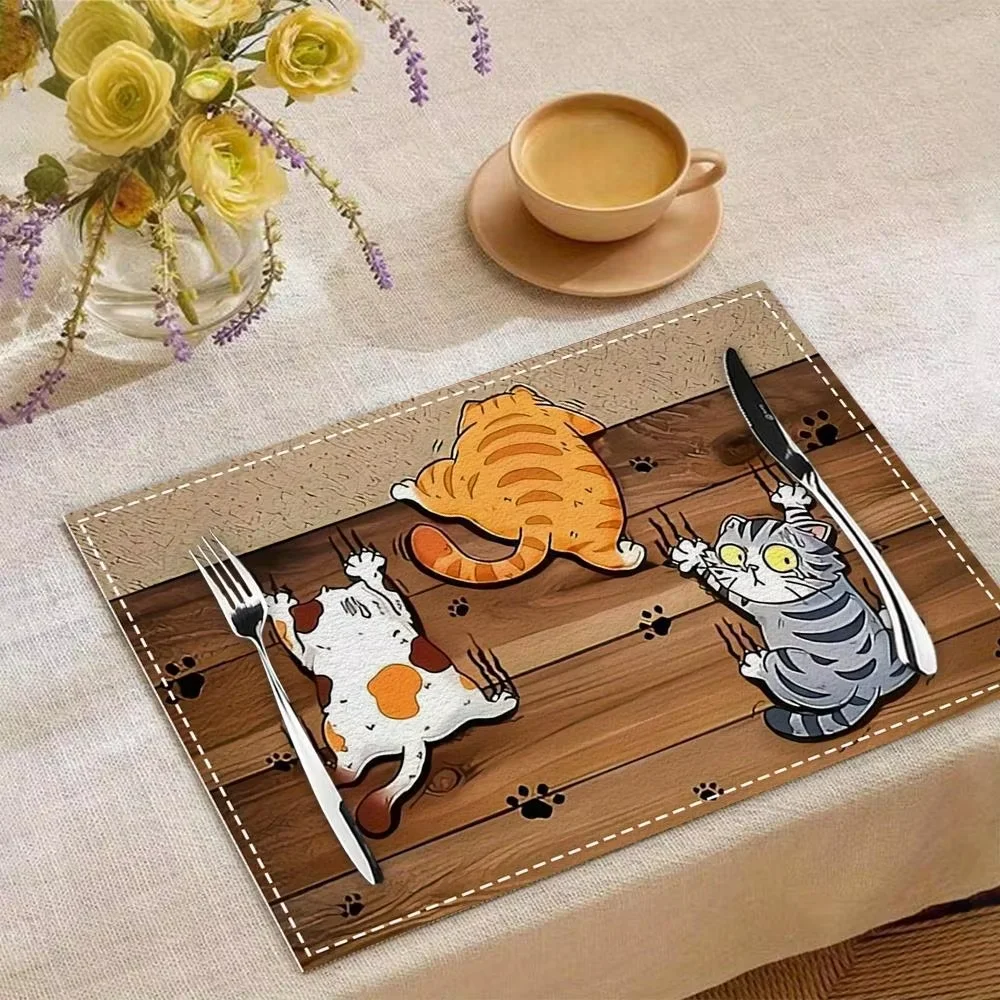مفارش فيكاما 4/6/8/10 قطع أمريكية عتيقة بثلاث قطط: سجادات طعام/مطبخ مقاومة للماء وكوسترات قهوة لطيفة للمنزل #1