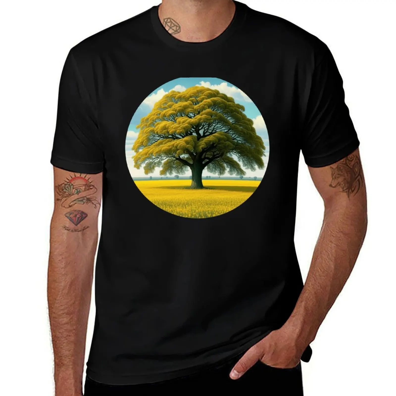 A tree in a rapeseed field T-Shirt Big and Tall Basic Tee Shirt T-Shirt