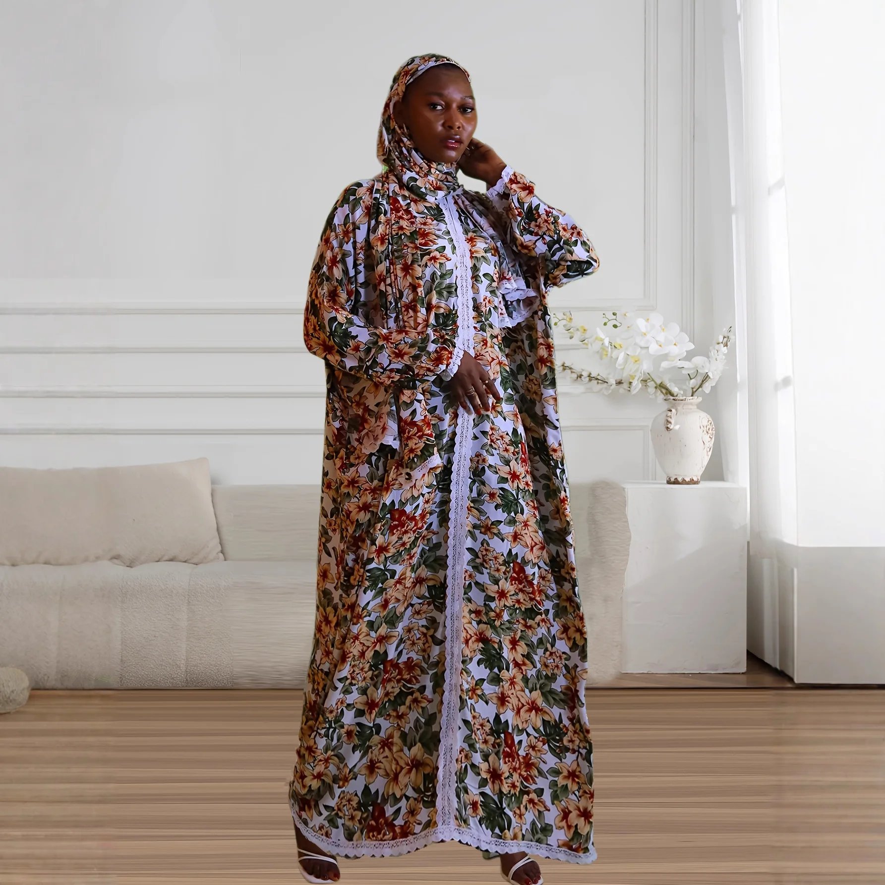 

Комплекты из 2 предметов для женщин на Ид: мусульманские платья-кафтаны с цветочным принтом, исламские наряды, арабские хиджабы, кружевные дубайские абайи на Рамадан 2026