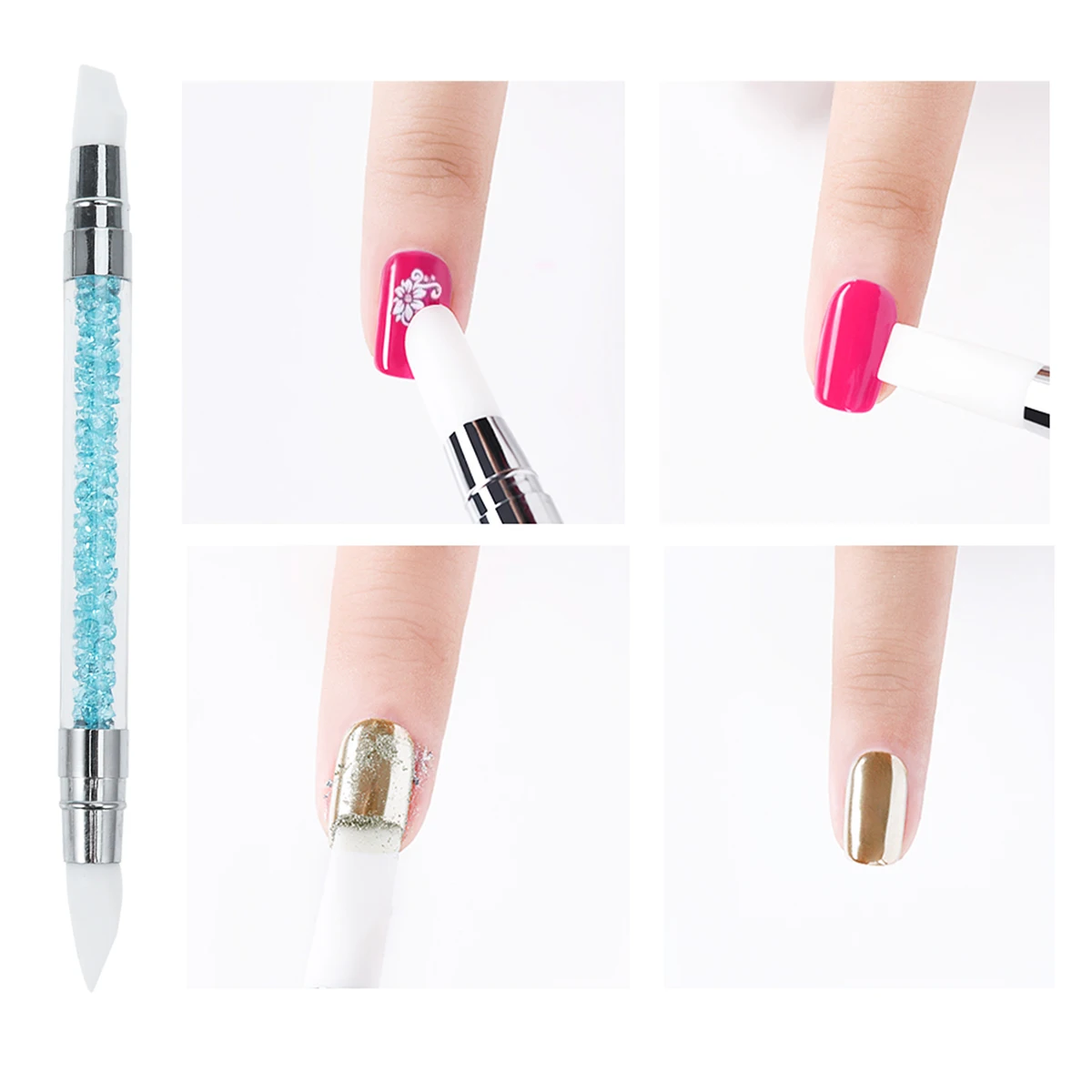 

3Pcs Double End Nail Art Silicone Pen Rhinestones Decorated Carve Flowers Patterns Manicure Tool Blue Nail Brush
