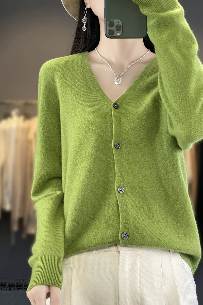 Manica lunga 100% maglioni Merino lana primavera autunno Cashmere donna maglia con scollo a v Top Cardigan abbigliamento Top