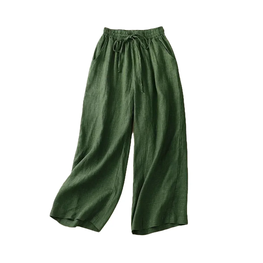 Katoenen Linencasual Solide Veters Elastische Hoge Taille Losse Wijde Pijpen Damesbroek Enkellange Broek Voor Dameskleding Mode