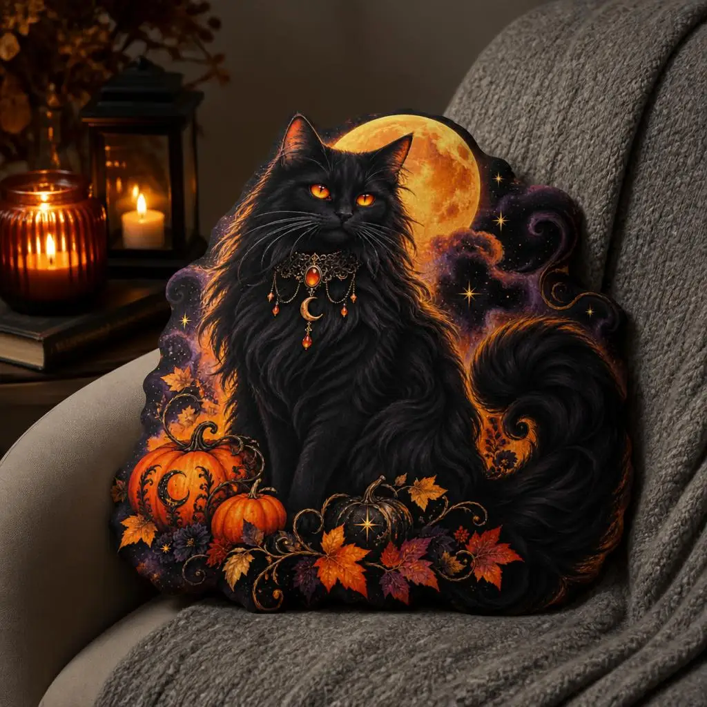 Black Cat Halloween Throw Pillow Gothic Moon Pumpkin Cushion Irregular Shaped Stuffed Pillow for Sofa Home Decor Gift Autumn
