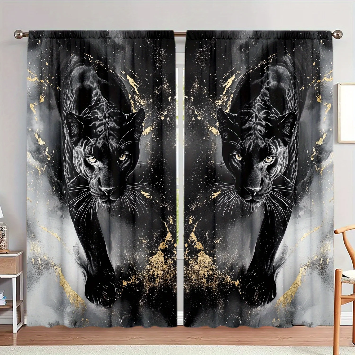 Dramatic Black Panther Gold Abstract Curtains Drapes Luxury Cat Art Panel Room Decor Modern Living Room Window Shades