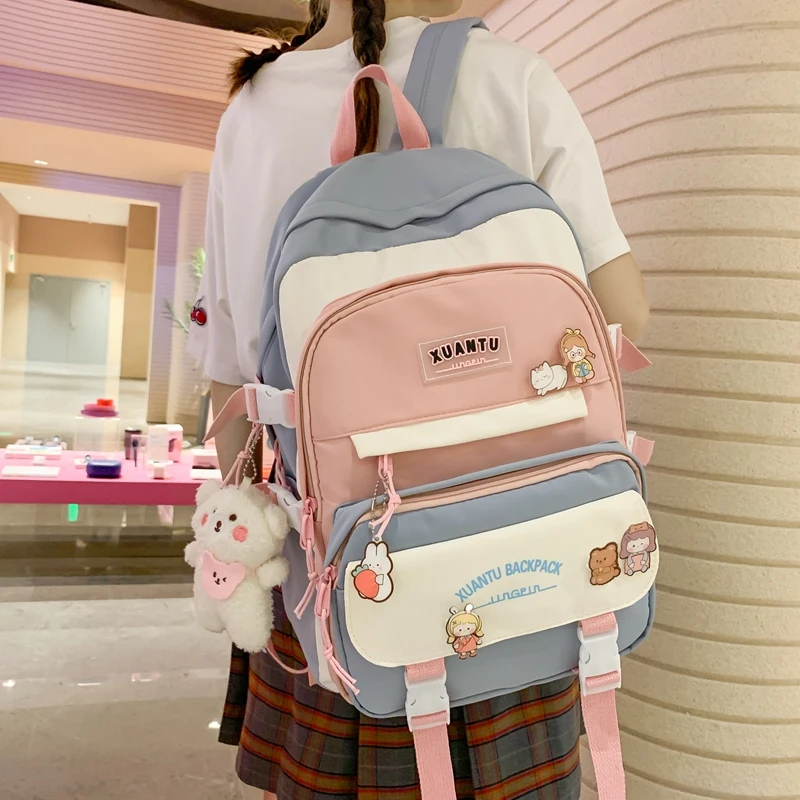 JULYCCINO Multi Pocket Badge Women Backpack High School Girls School Bag Shoulder Bags For Teenage Girls Cute Backpack Mochila