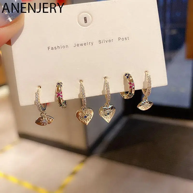 ANENJERY Colorful Rainbow Stone Love Heart Eye Pendant Hoop Earrings for Women 6-piece Vinatge Jewelry Gifts Wholesale S-E1279