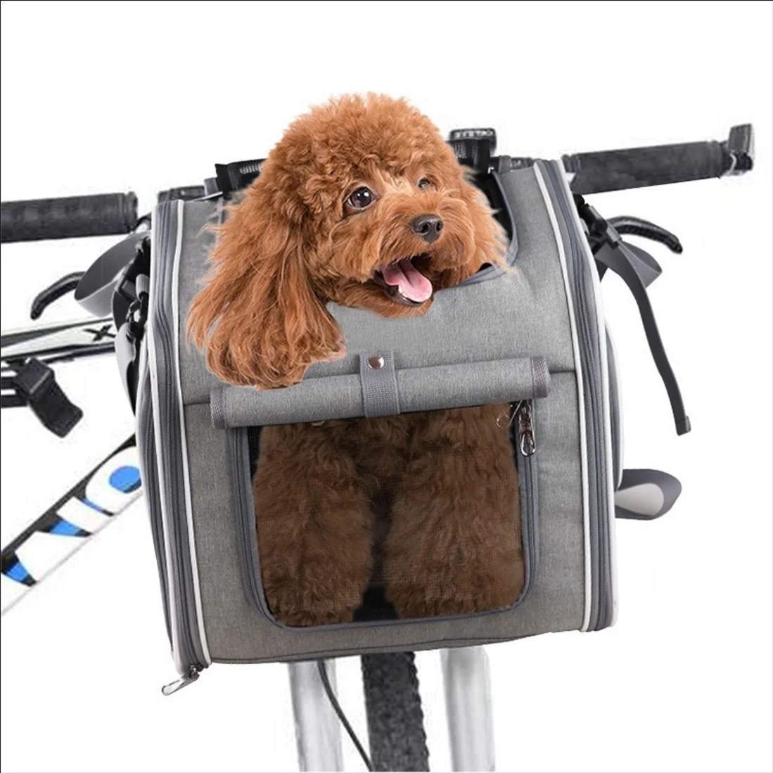 Foldable Expandable Dog Cat Bike Basket,Sided Pet Carrier Backpack with 4 Large Mesh Open Doors,Bicycle Front Pet Travel Carrier