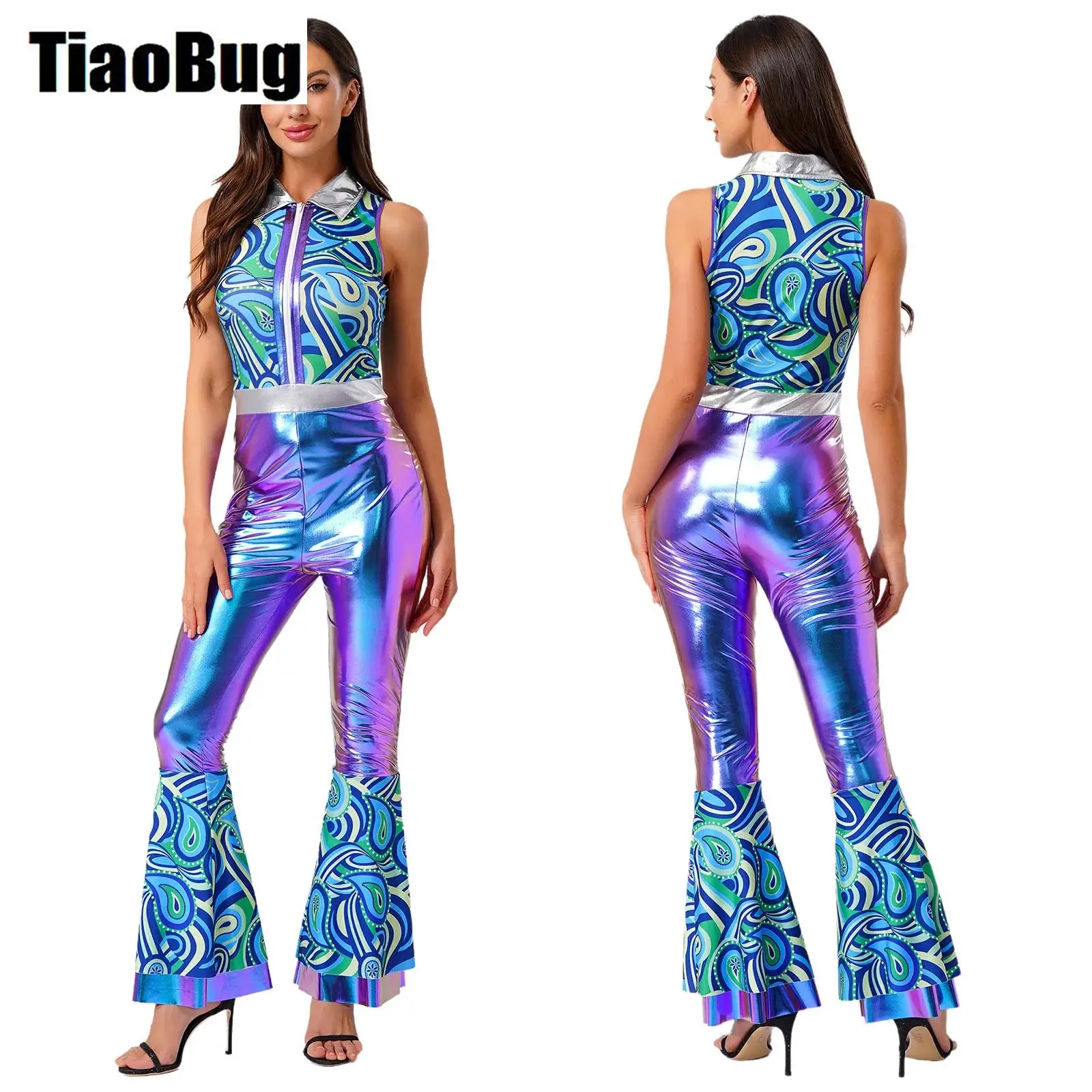 

Women 70s Disco Vintage Jumpsuit Dance Rompers Chic Print Metallic Shiny Sleeveless Hippie Bell Bottom Rave Jazz Dance Bodysuit