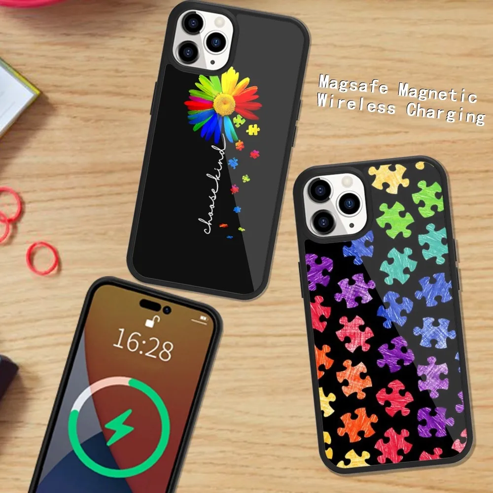 Puzzle Autism Awareness Phone Case Magsafe Magnetic For iPhone 15 14 13 12 11 Plus Pro Max Wireless Charging