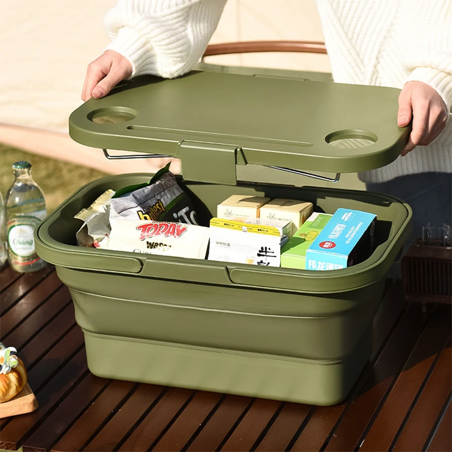 Outdoor picnic basket with lid, table board, camping and picnic multifunctional portable basket box, plastic storage basket, fol