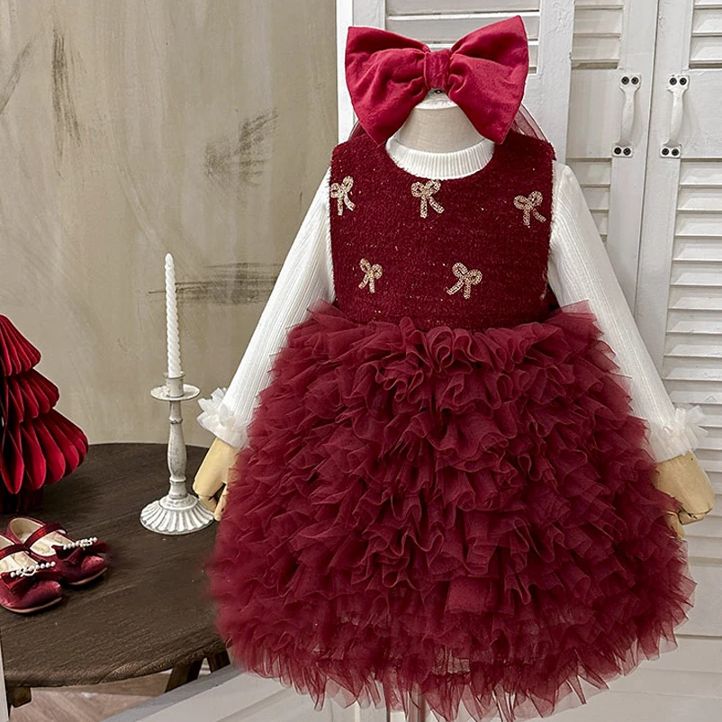 

Girls' Winter Velvet Dress Set Princess Style Red Christmas Mesh Cake Vest Dresses Sweet Girls Bow Embroidered Birthday Dress