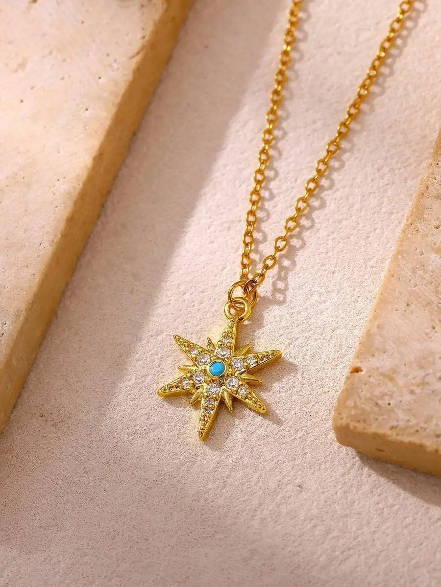 Gold Plated Star Pendant Necklace With Cubic Zirconia Turquoise Center Minimalist Jewelry For Party Birthday Anniversary