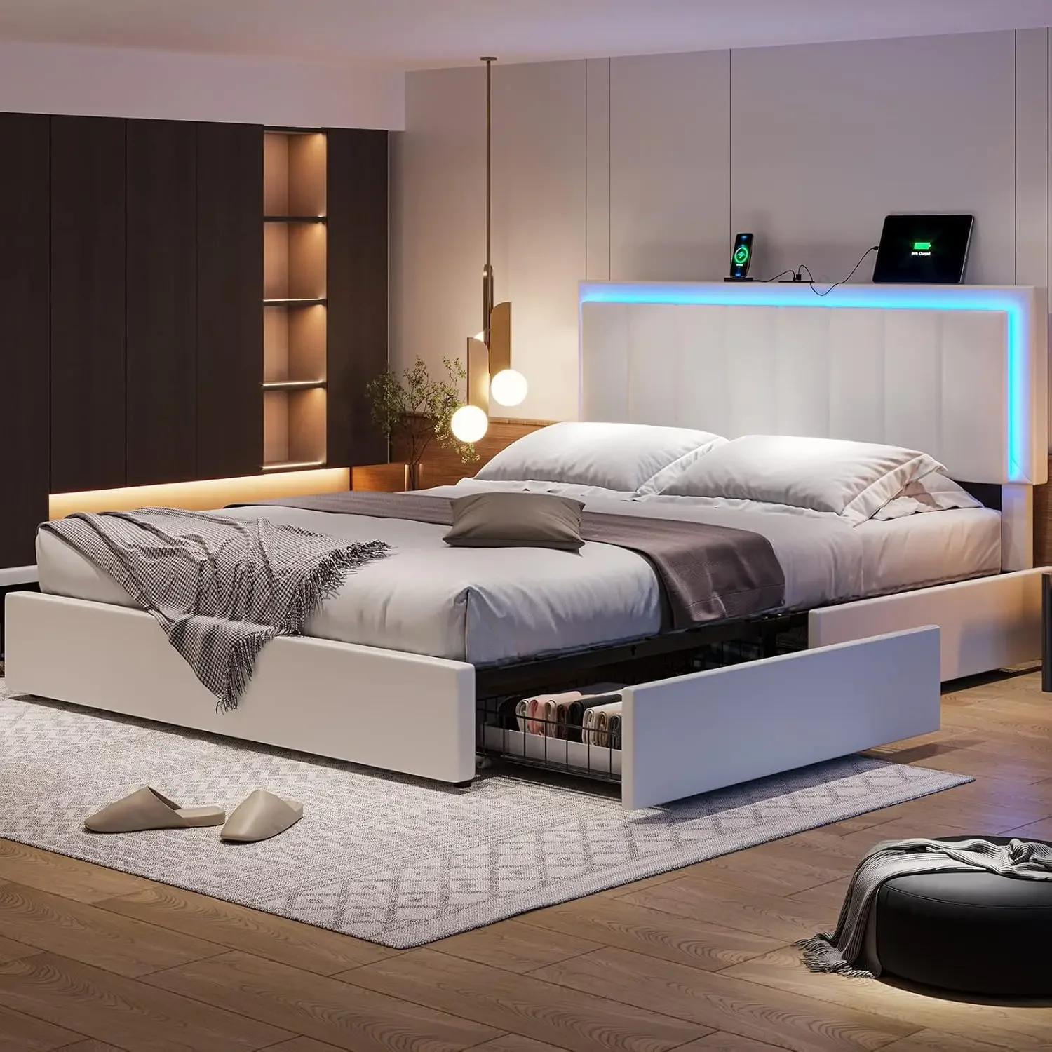 

Queen Bed Frame with 4 Storage Drawers, LED Light Queen Size Platform Bed with Charging Station